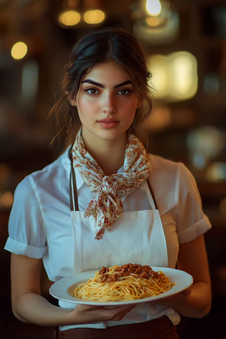 A Pretty Italian Waitress in Restaurant Holding Spaghetti.