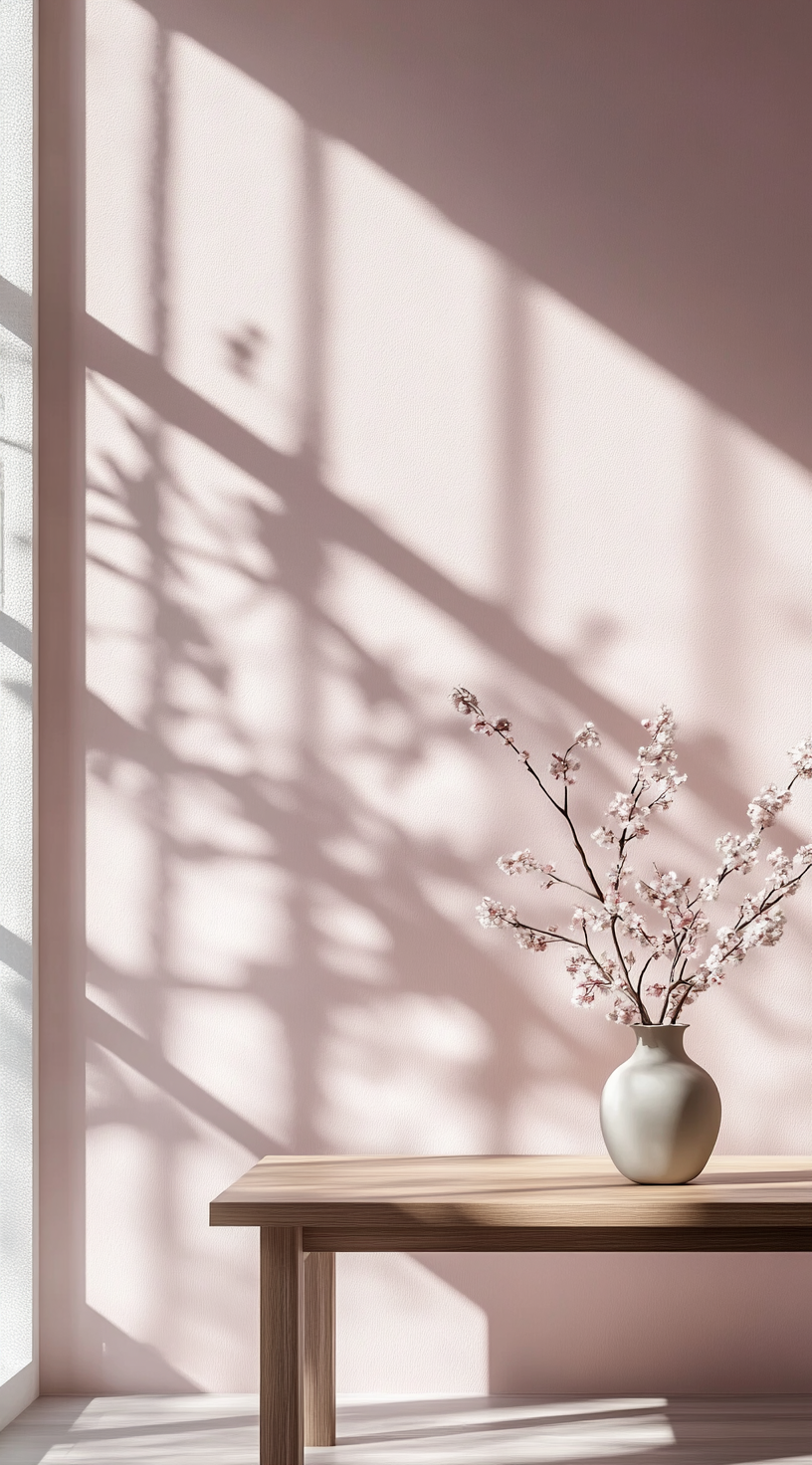 A Pretty Pink Room with Wooden Table