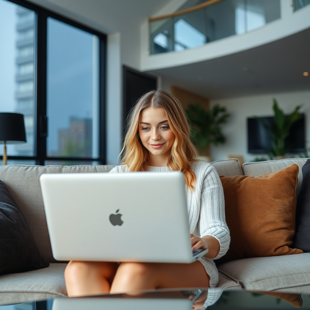 A Pretty Woman Using Laptop in Modern Apartment