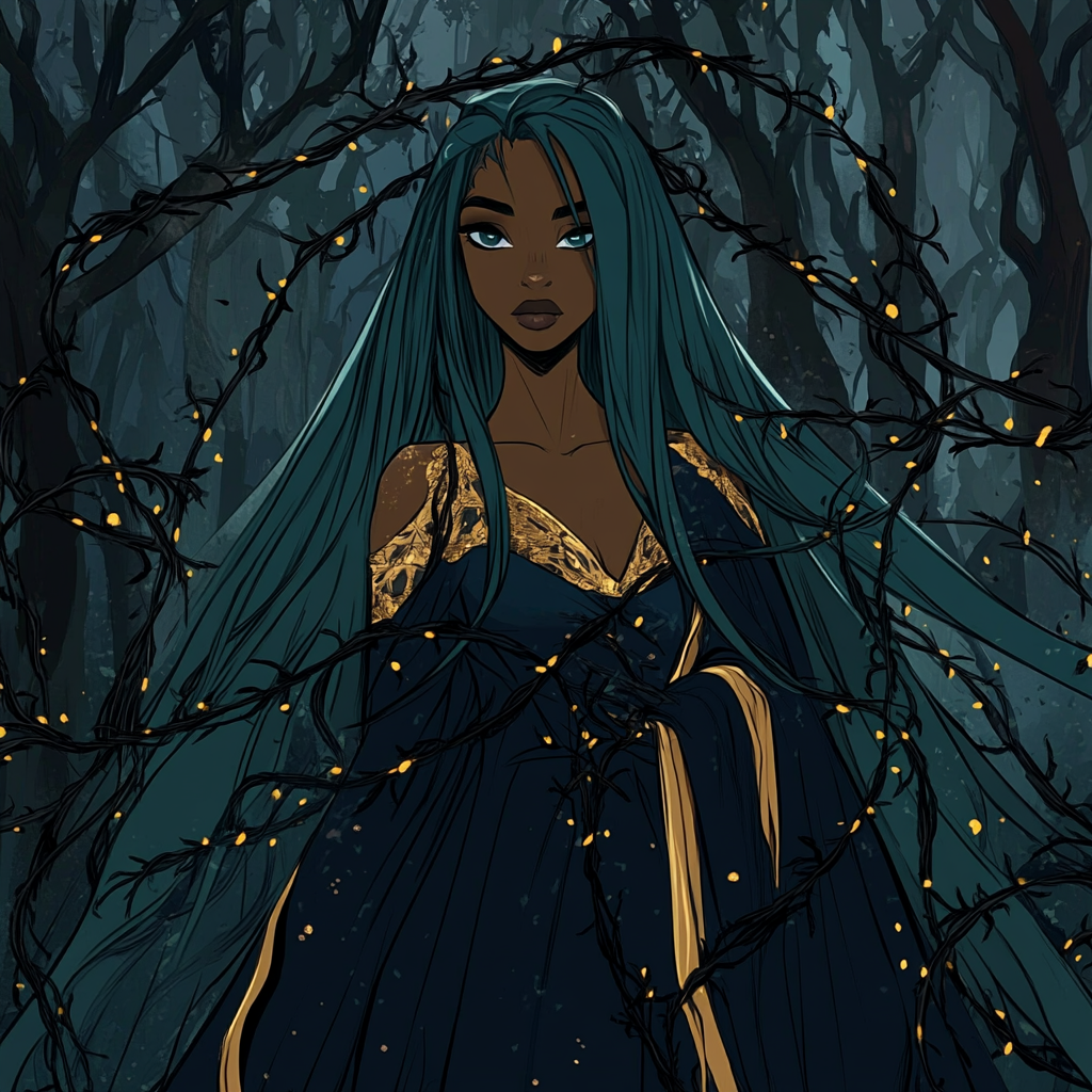 A Princess Entangled in Thorny Vines in Forest