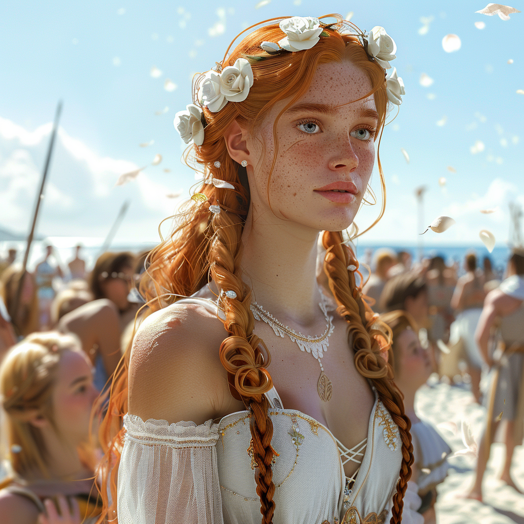 A Princess in White Dress with Crowd on Beach