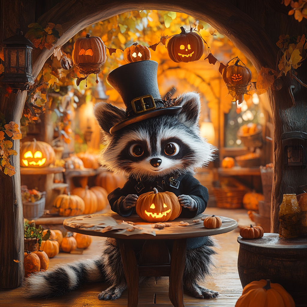 A Raccoon's Fantastical Halloween in a Hobbit House