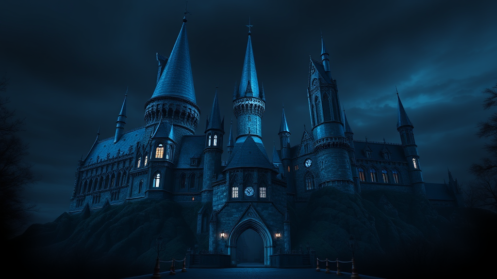 A Realistic 4K Illustration of Dark Blue Hogwarts