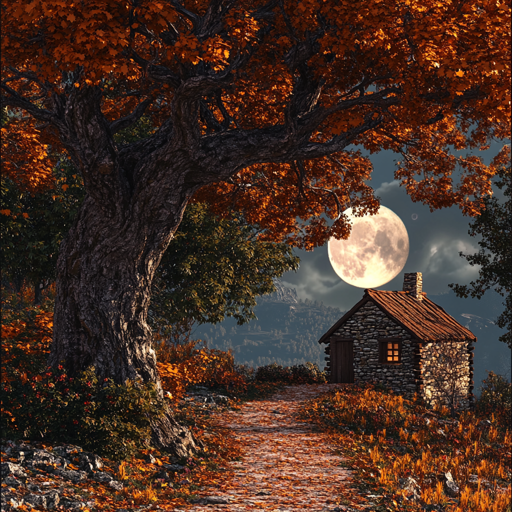 A Realistic Autumn Scene with Oak Tree