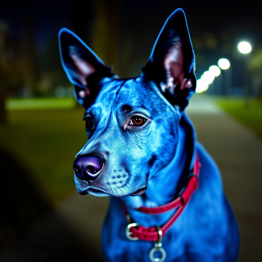 A Realistic Blue Dog in Dimly Lit Park