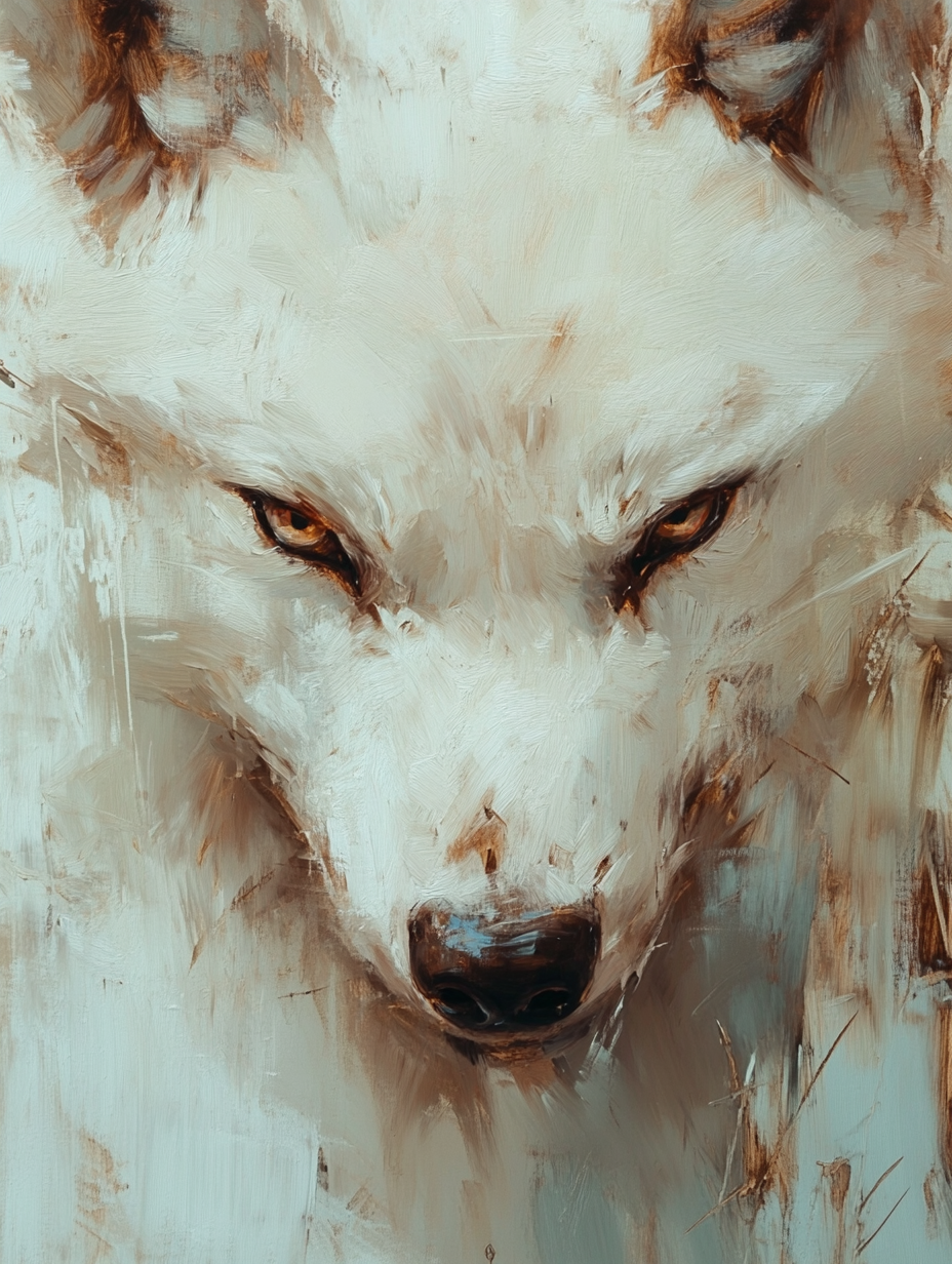 A Realistic Close-Up Painting of a White Wolf