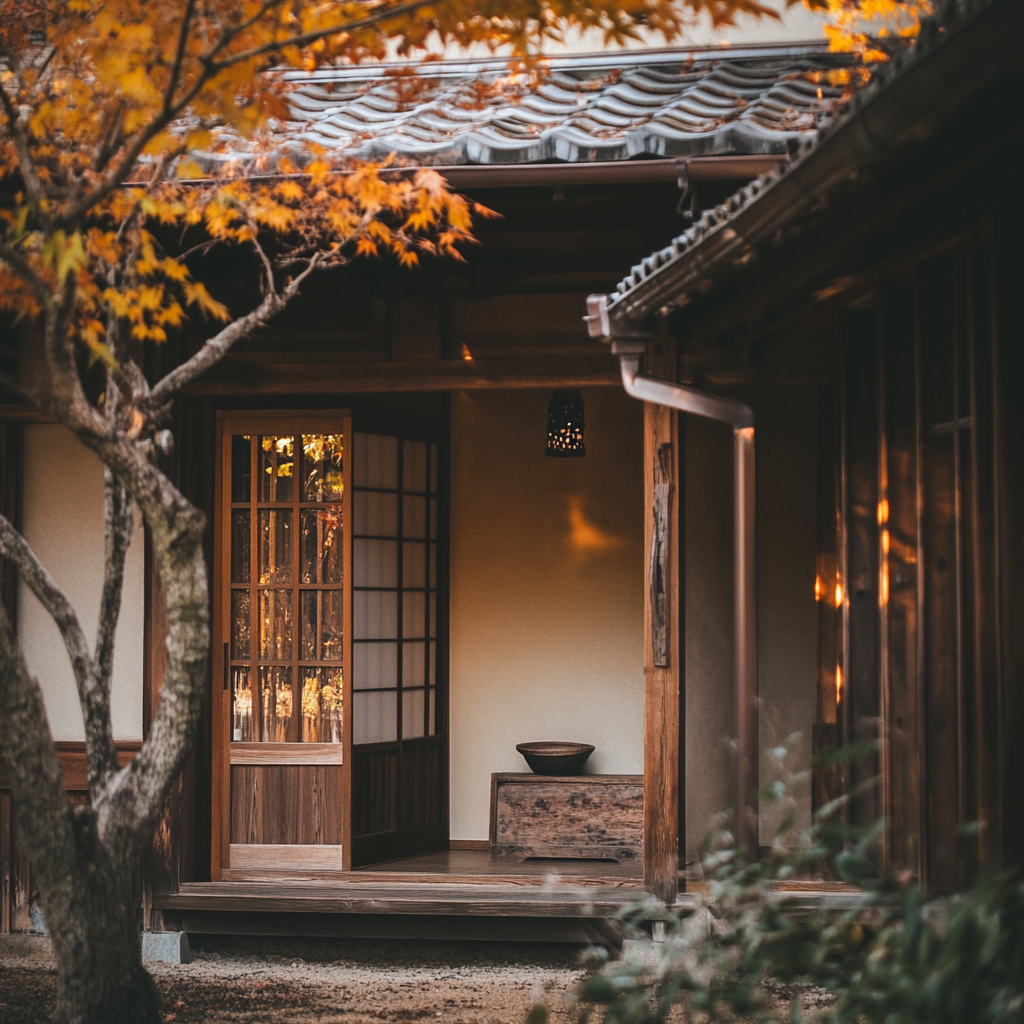 A Realistic Japanese Porch on Autumn Day.