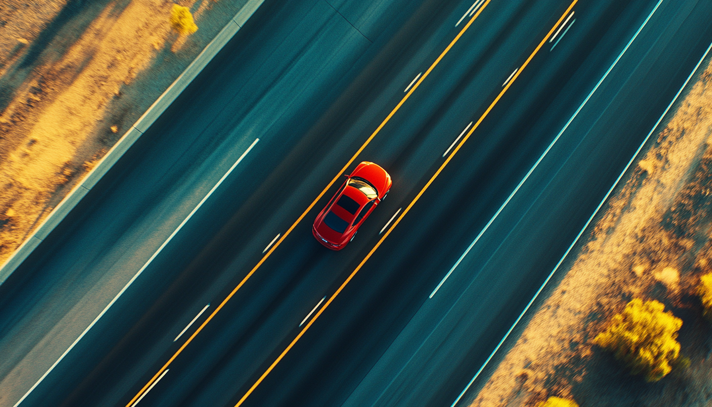 A Red Car Driving on Empty Lane