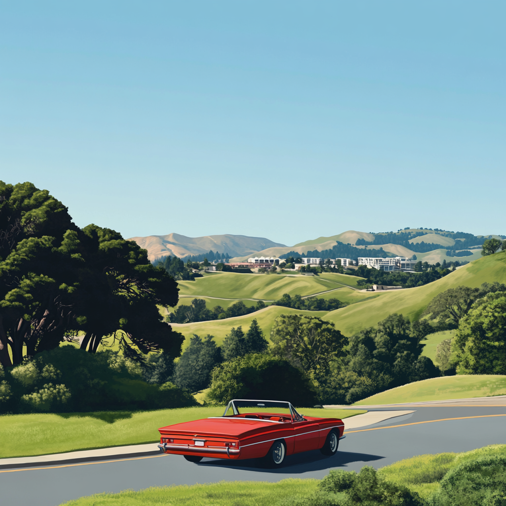 A Red Convertible Driving Through Silicon Valley Hills.