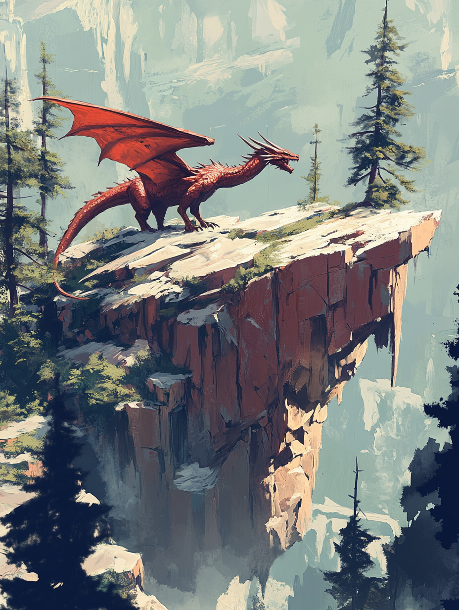 A Red Dragon Roaring on Cliff with Trees.