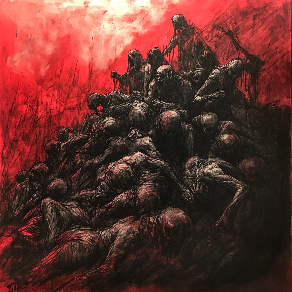 A Red and Black Charcoal Drawing of Endless Meat Pile of Screaming People