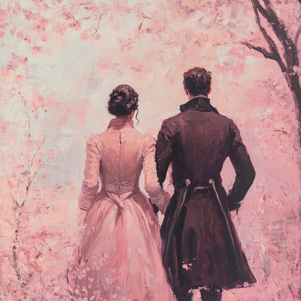 A Regency Couple Walks Among Cherry Blossoms