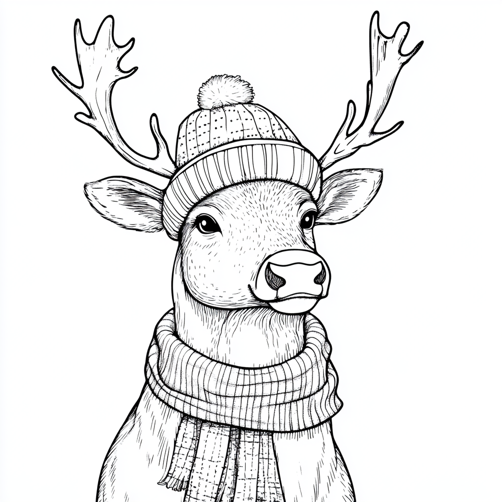 A Reindeer Coloring Page with Hat and Scarf