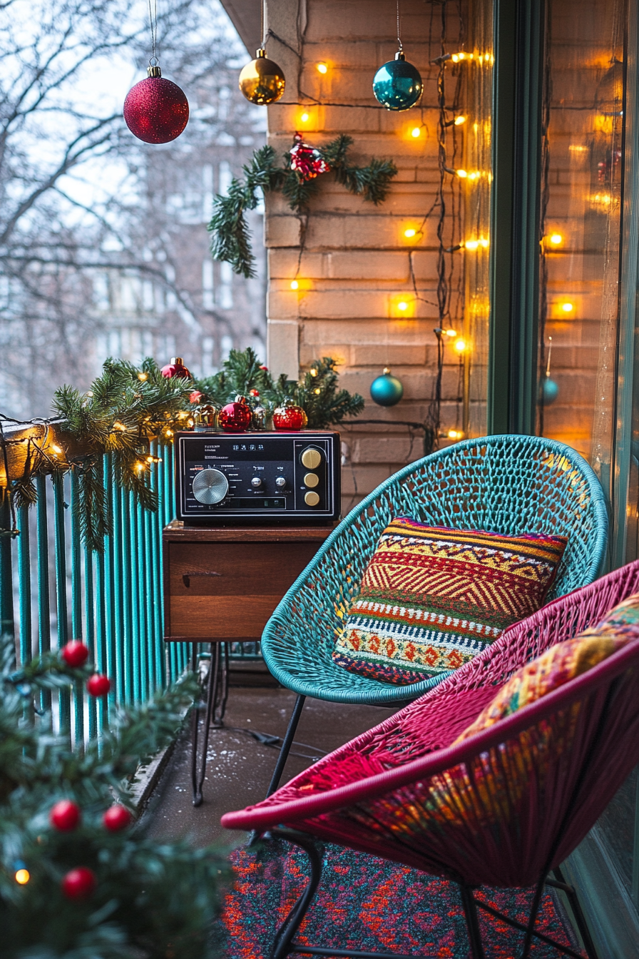 A Retro Christmas Balcony with Colorful Ornaments