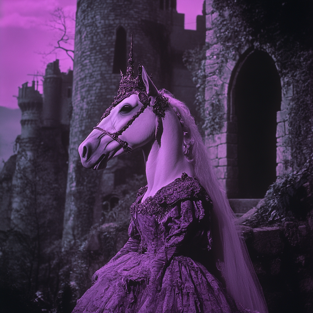 A Retro Horse-headed Princess Near Fantasy Castle