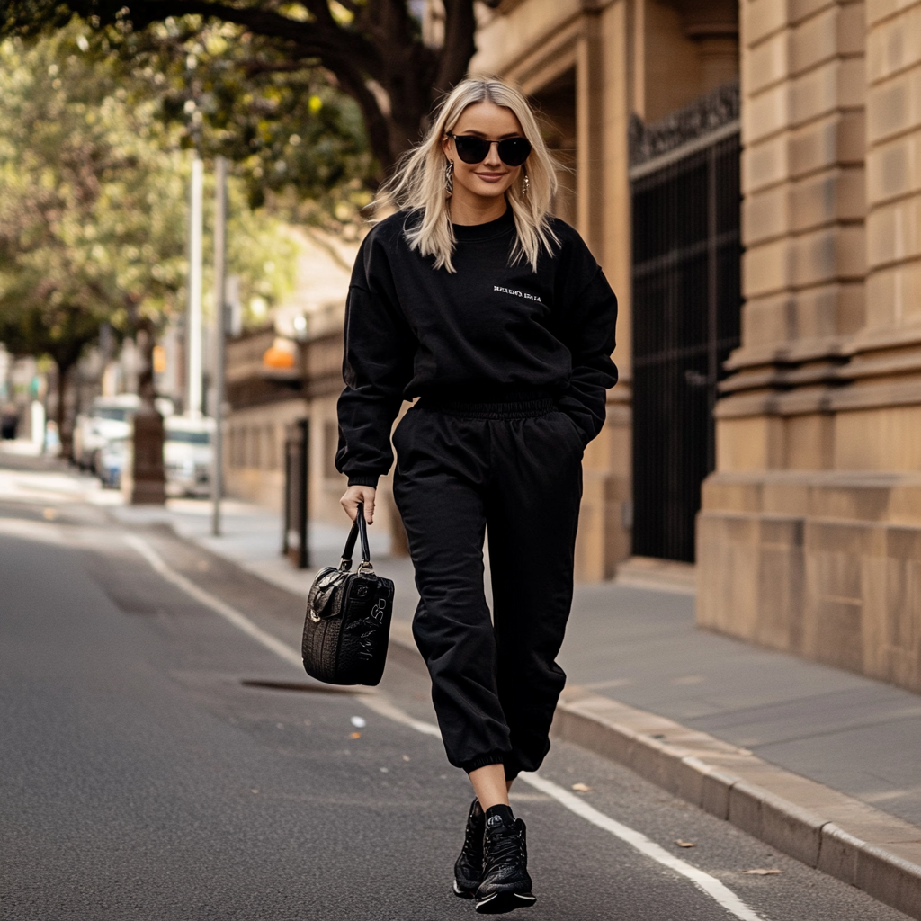 A Rich Blonde Woman Walking in Designer Attire