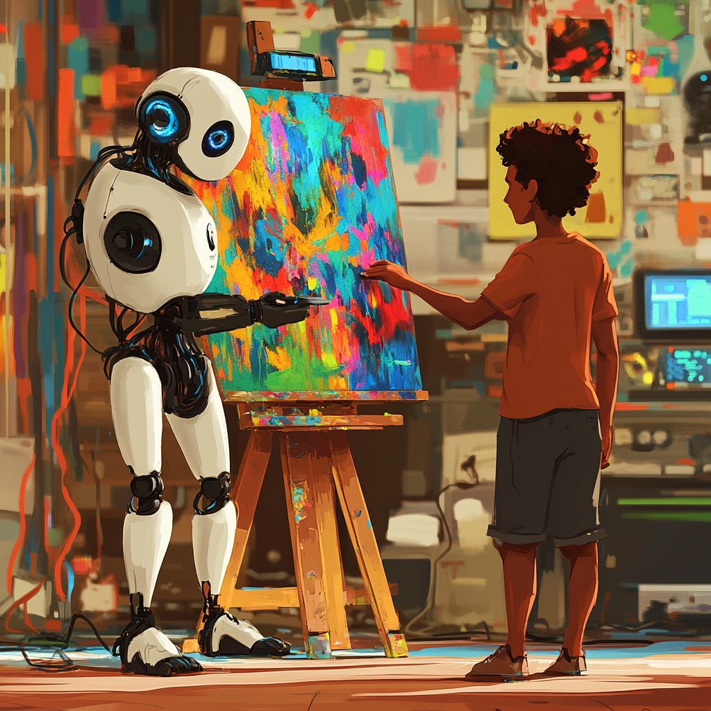 A Robot Working, A Young Man Painting