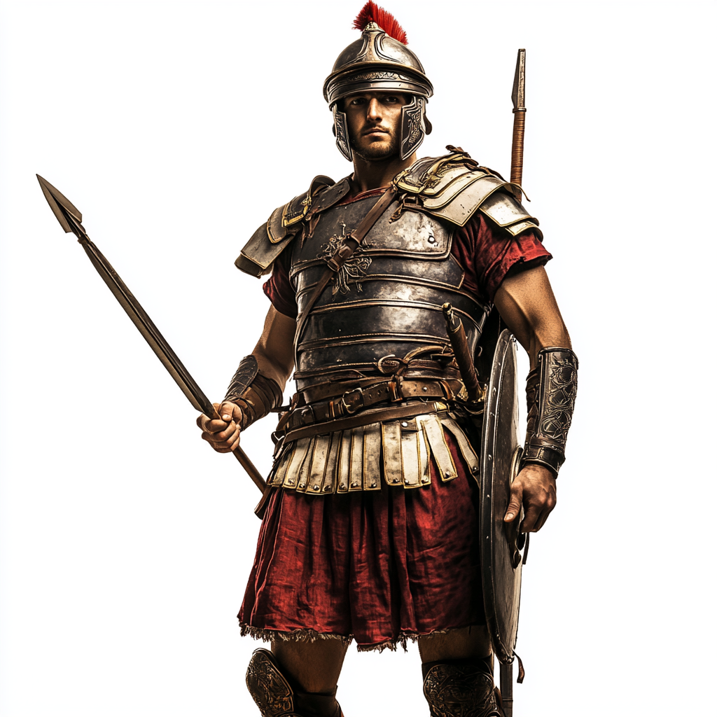 A Roman legionary holding javelin, in armor and helmet.