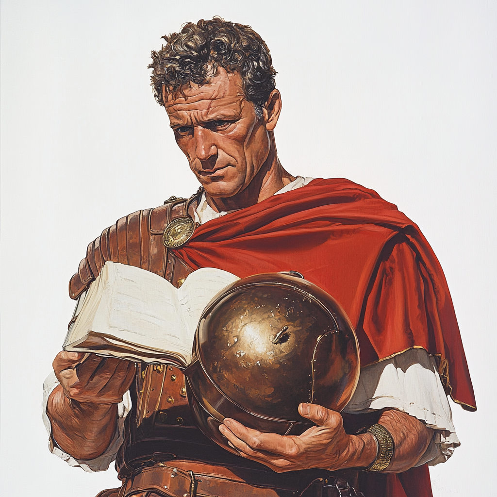 A Roman scholar holds a centurion helmet