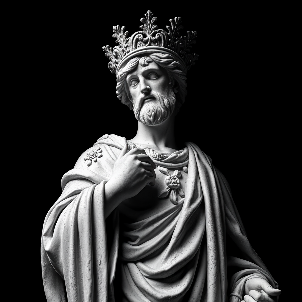 A Romanian statue in classical style on black background.