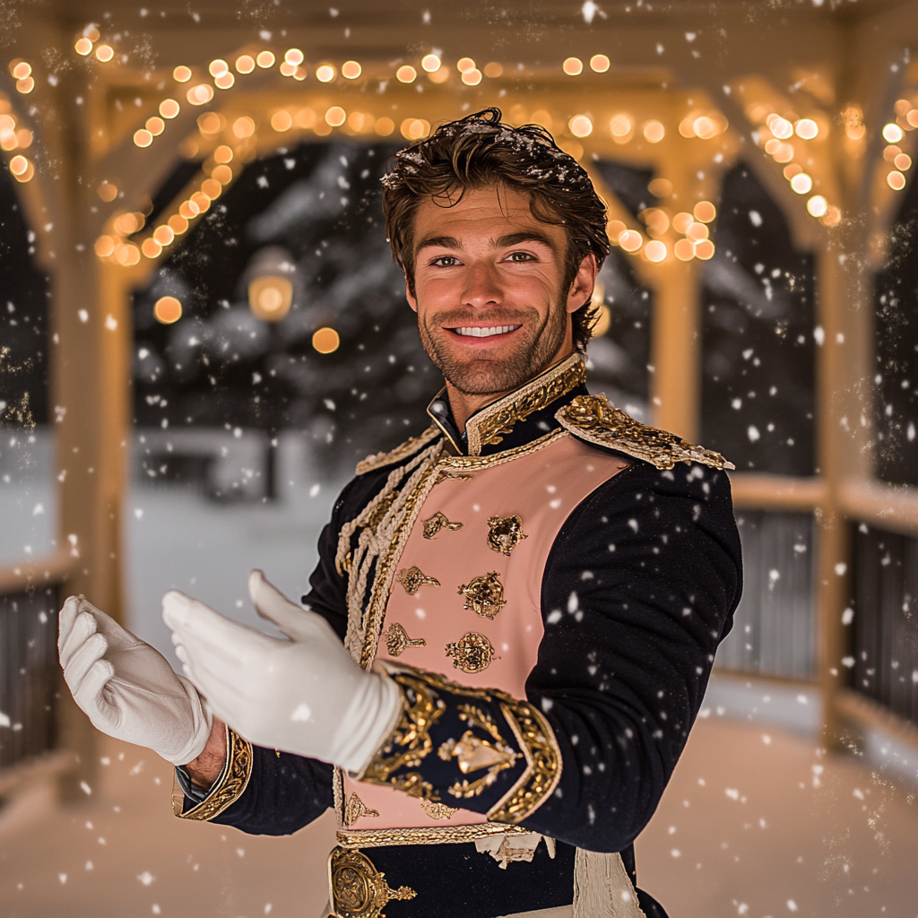 A Romantic Nutcracker Soldier in Snowy Gazebo