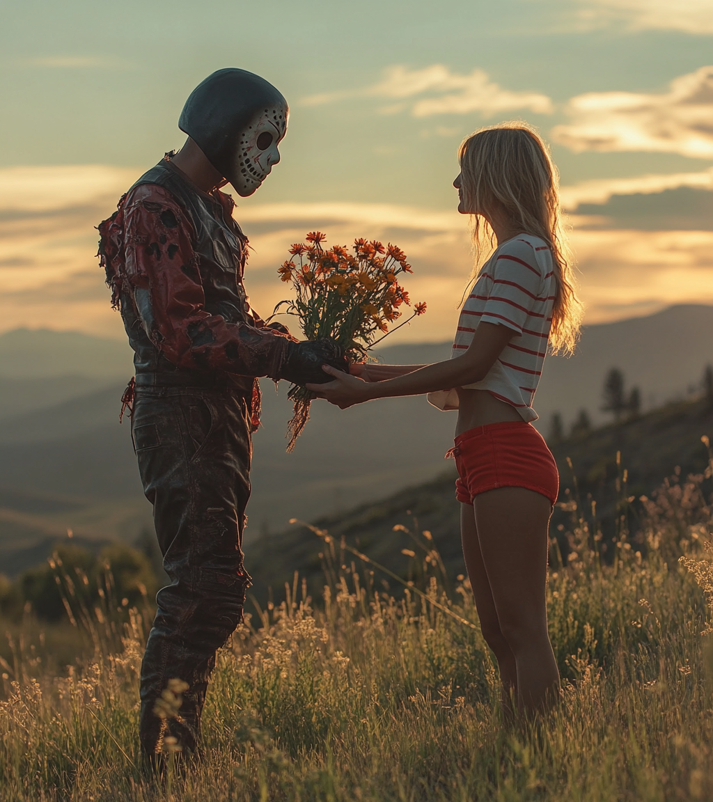 A Romantic Sunset Scene with 1980s Masked Maniac