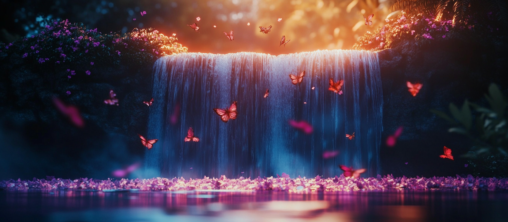 A Romantic Waterfall in the Forest at Night