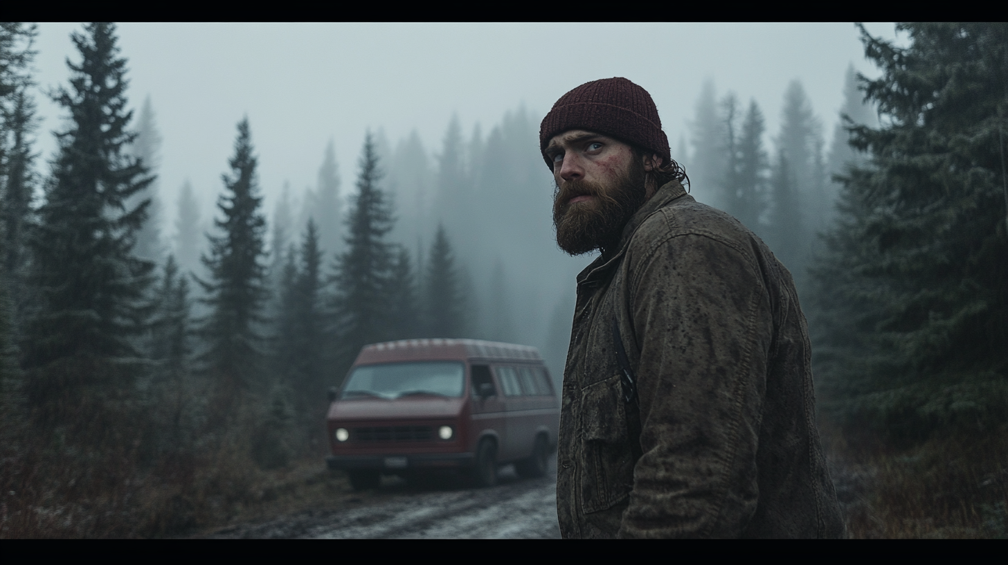 A Rugged Man Walking in Misty Forest