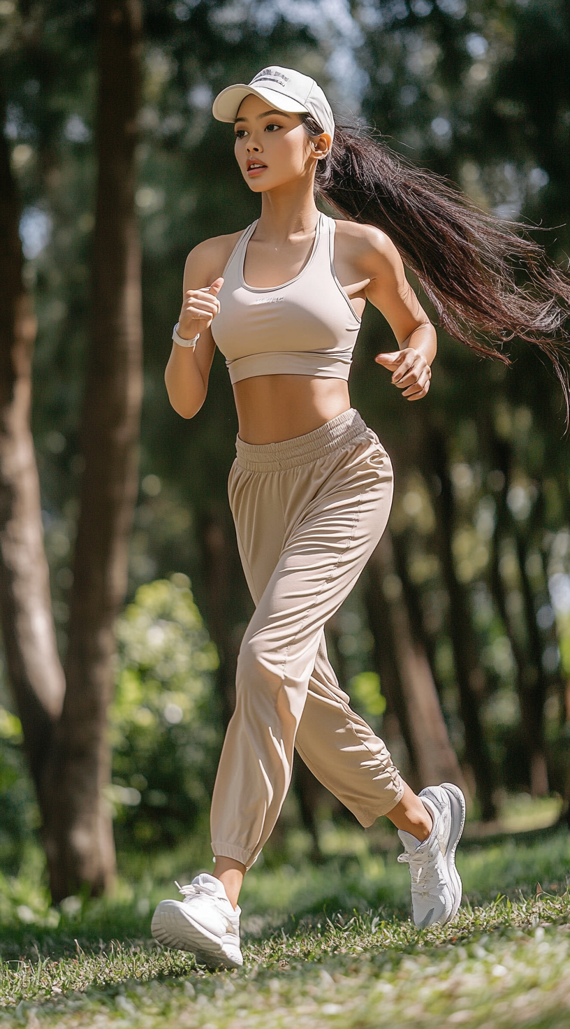 Asian Woman Running in Park with Nature Background