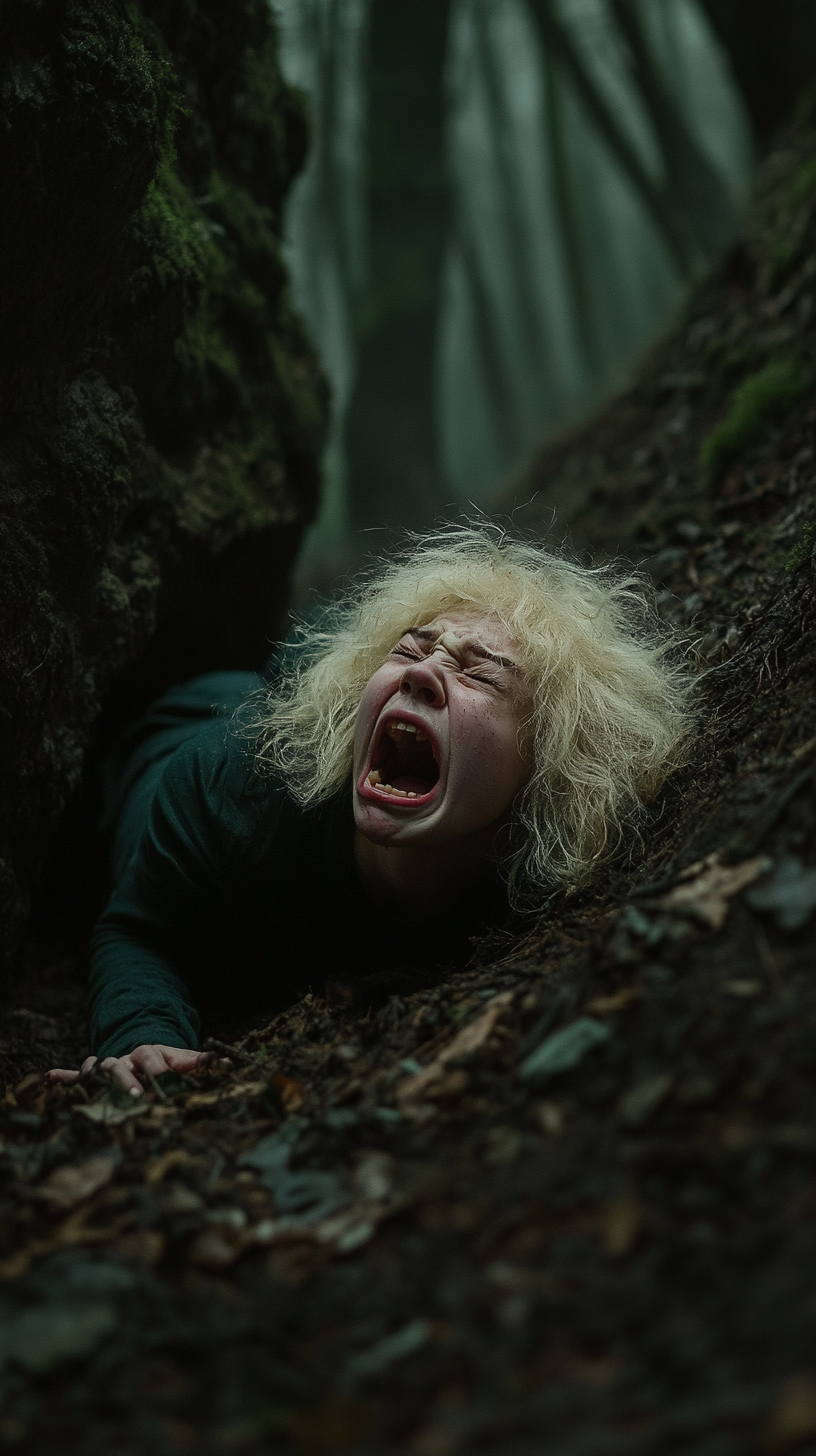 A Russian girl cries for help in forest.