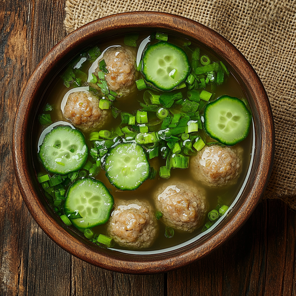 A Rustic Bowl of Meatball Soup With Veggies