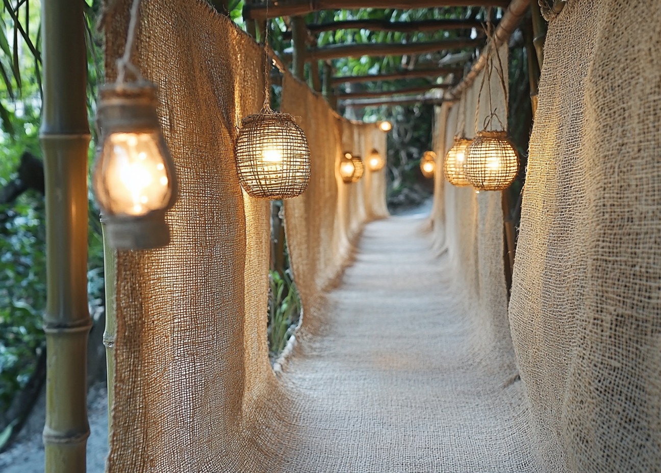 A Rustic Walkway with Woven Baskets and Light