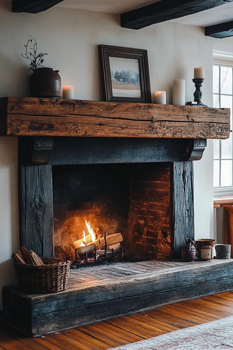 A Rustic Wood Beam Mantle Atop Farmhouse Fireplace