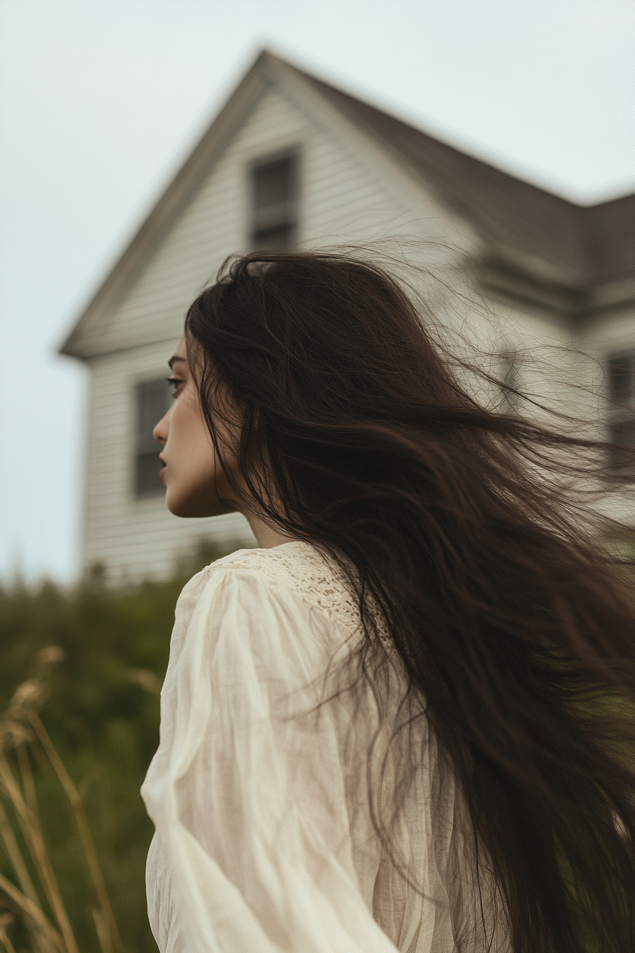 A Sad, Determined Woman in Antique White Dress.