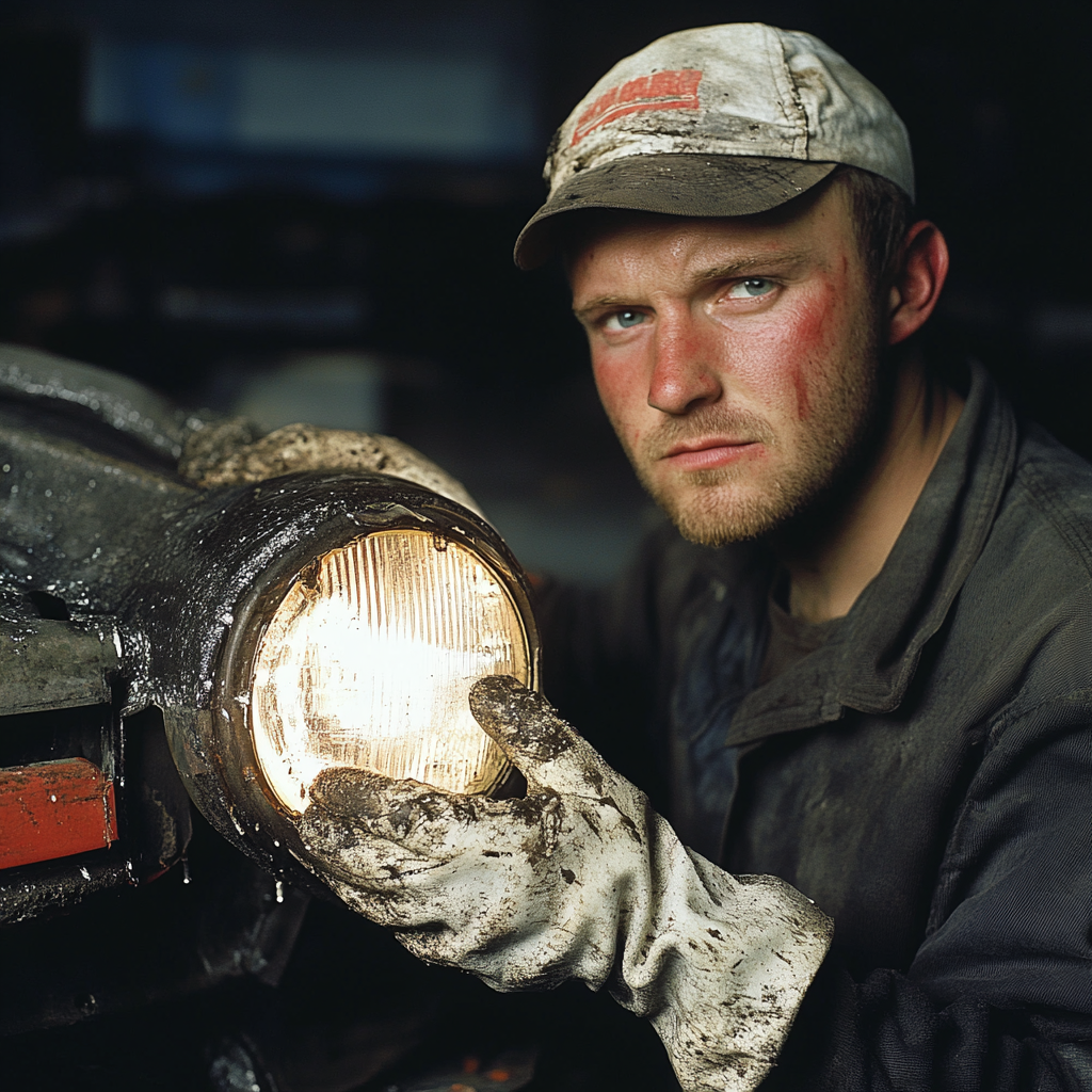 A Sad American Worker Cleaning Dirty Headlights