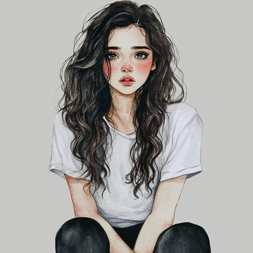 A Sad Beautiful Girl in Watercolor Illustration