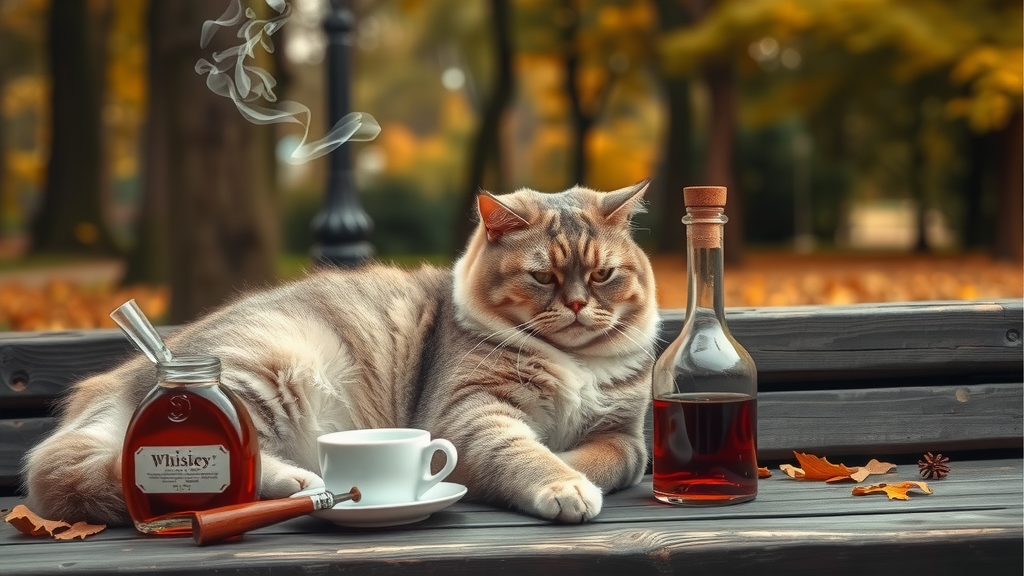 A Sad Cat Sitting in Autumn Park with Coffee