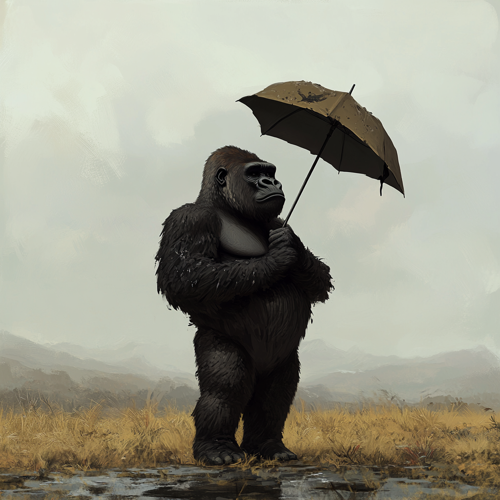 A Sad Gorilla Holds Umbrella in Empty Land