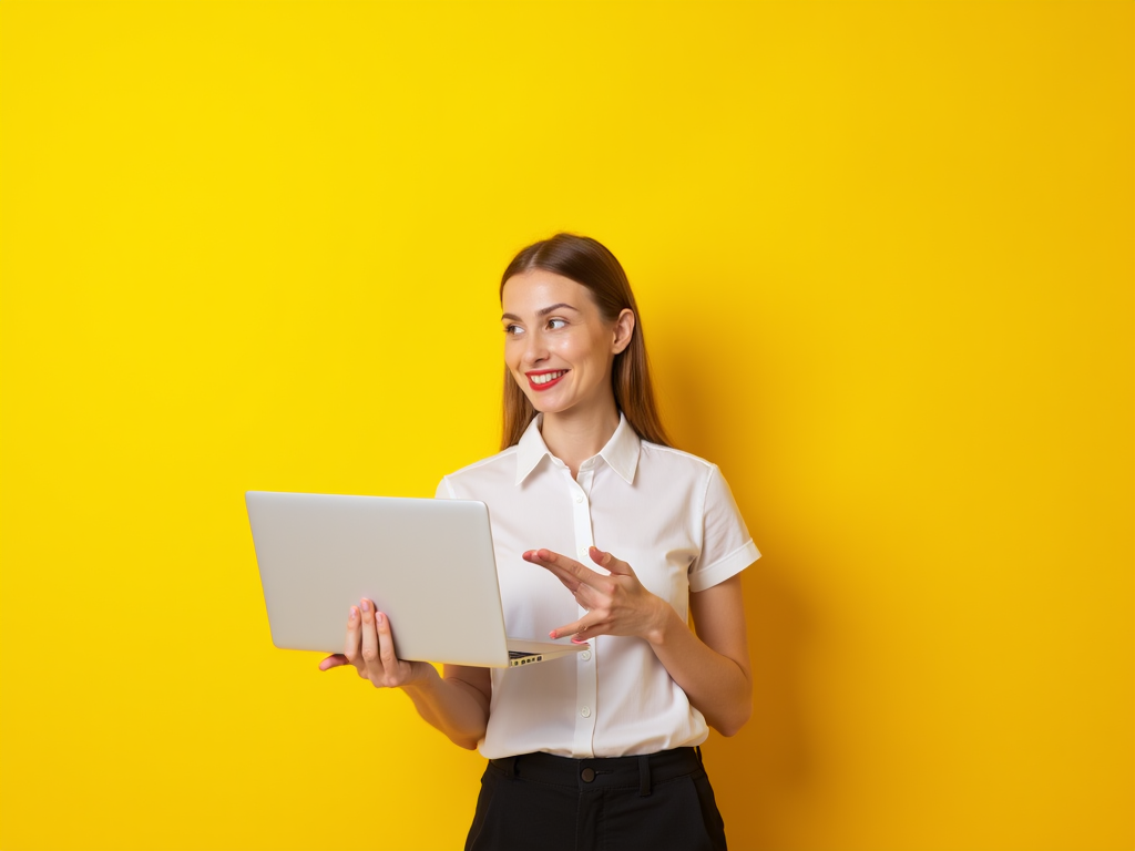 A Sales Rep Presenting Product on Yellow Background