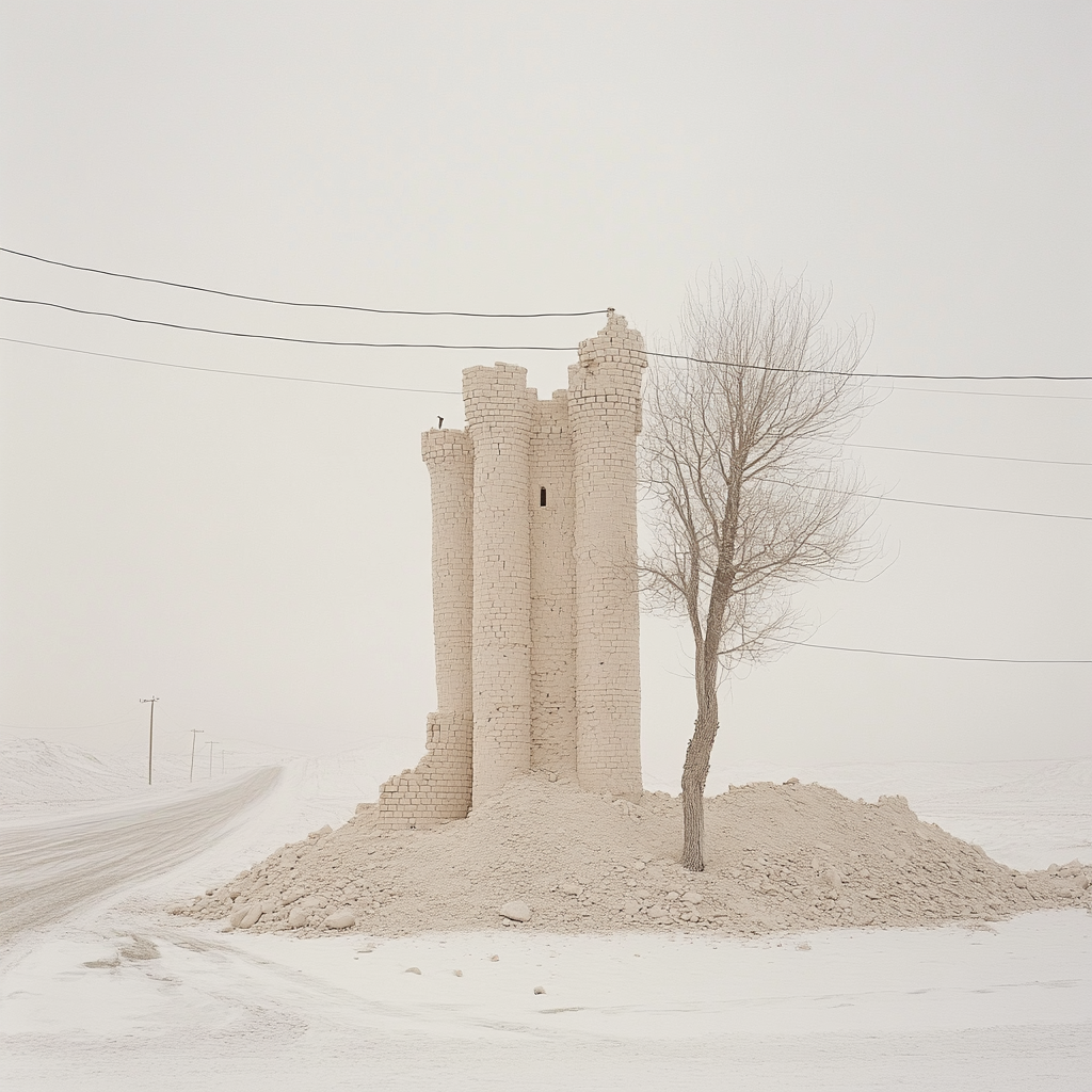 A Sand Castle in Snow Desert with One Tree