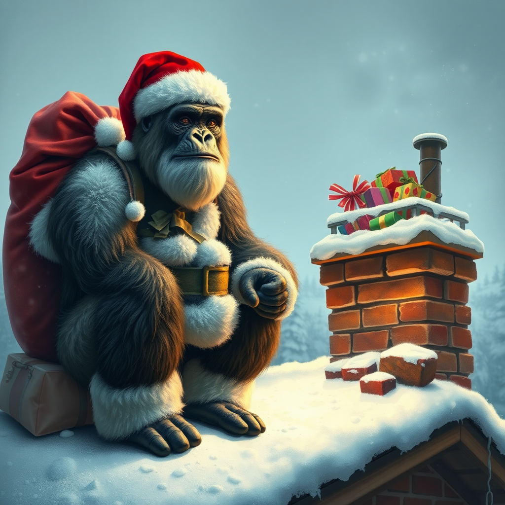 A Santa gorilla on snowy roof with gifts.