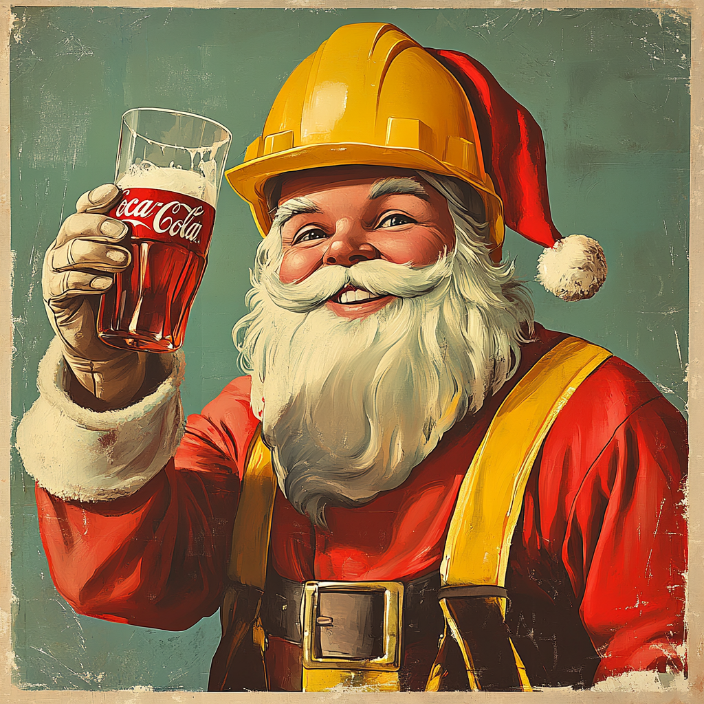 A Santa wearing a yellow hat, holding soda.