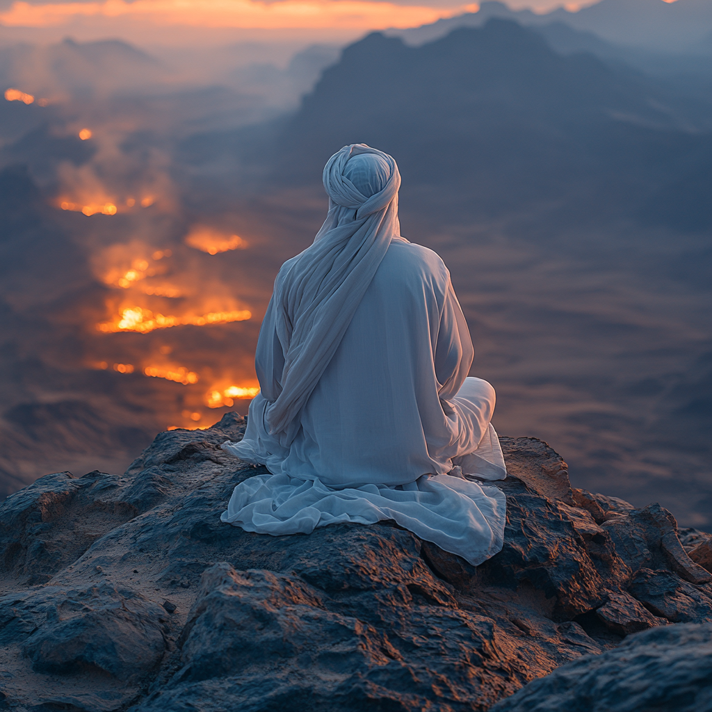 A Saudi Man in White Looking at Desert Fire.