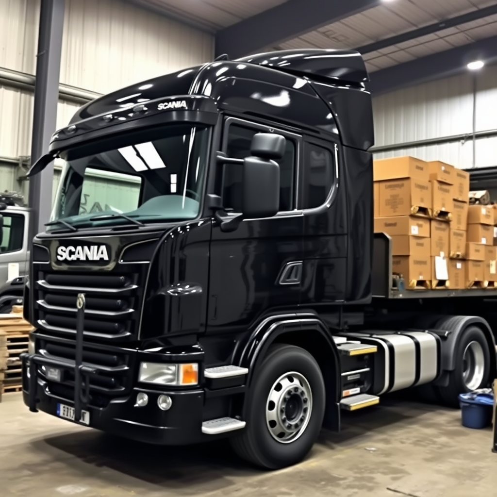 A Scania Truck Under Repair in a Shop