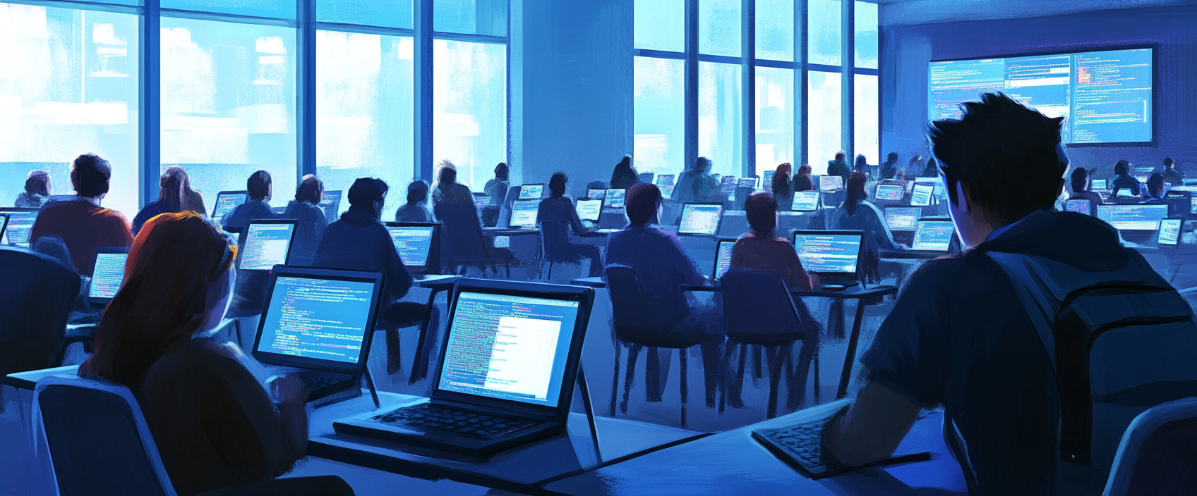 A Scene of College Students Coding in Classroom