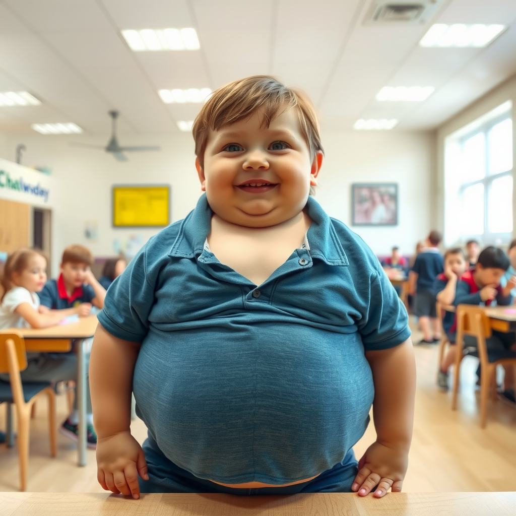A School Boy with Big Belly Being Cheered