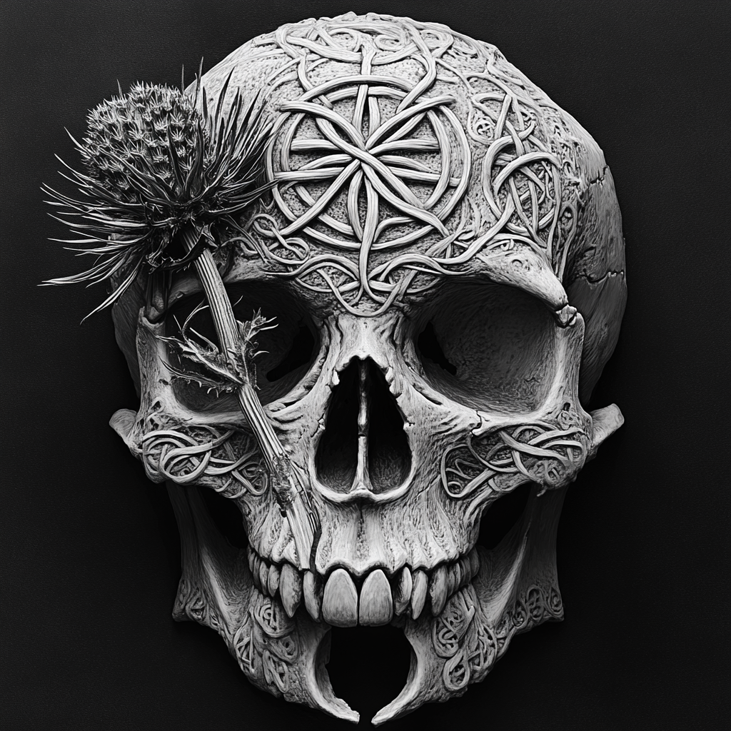 A Scottish Skull with Celtic symbols and thistle.