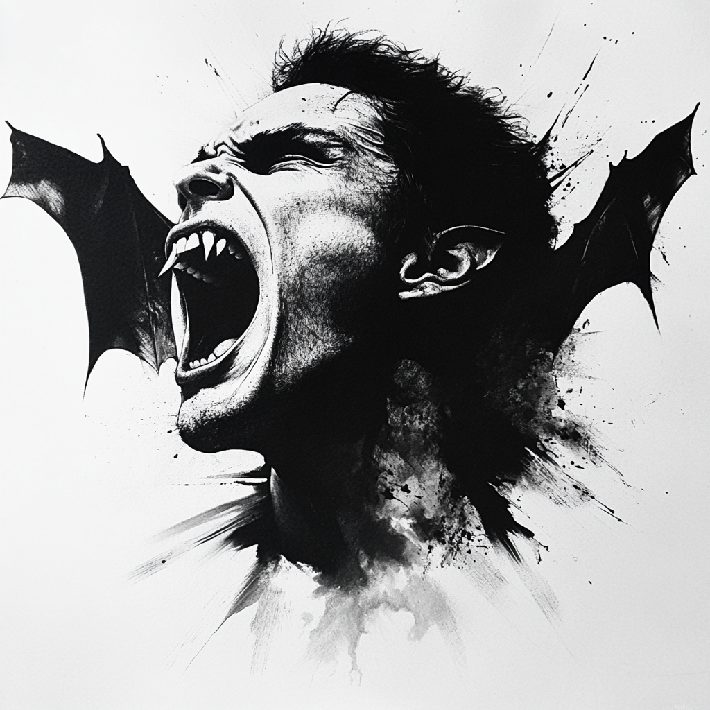 A Screaming Male Vampire with Open Bat Wing