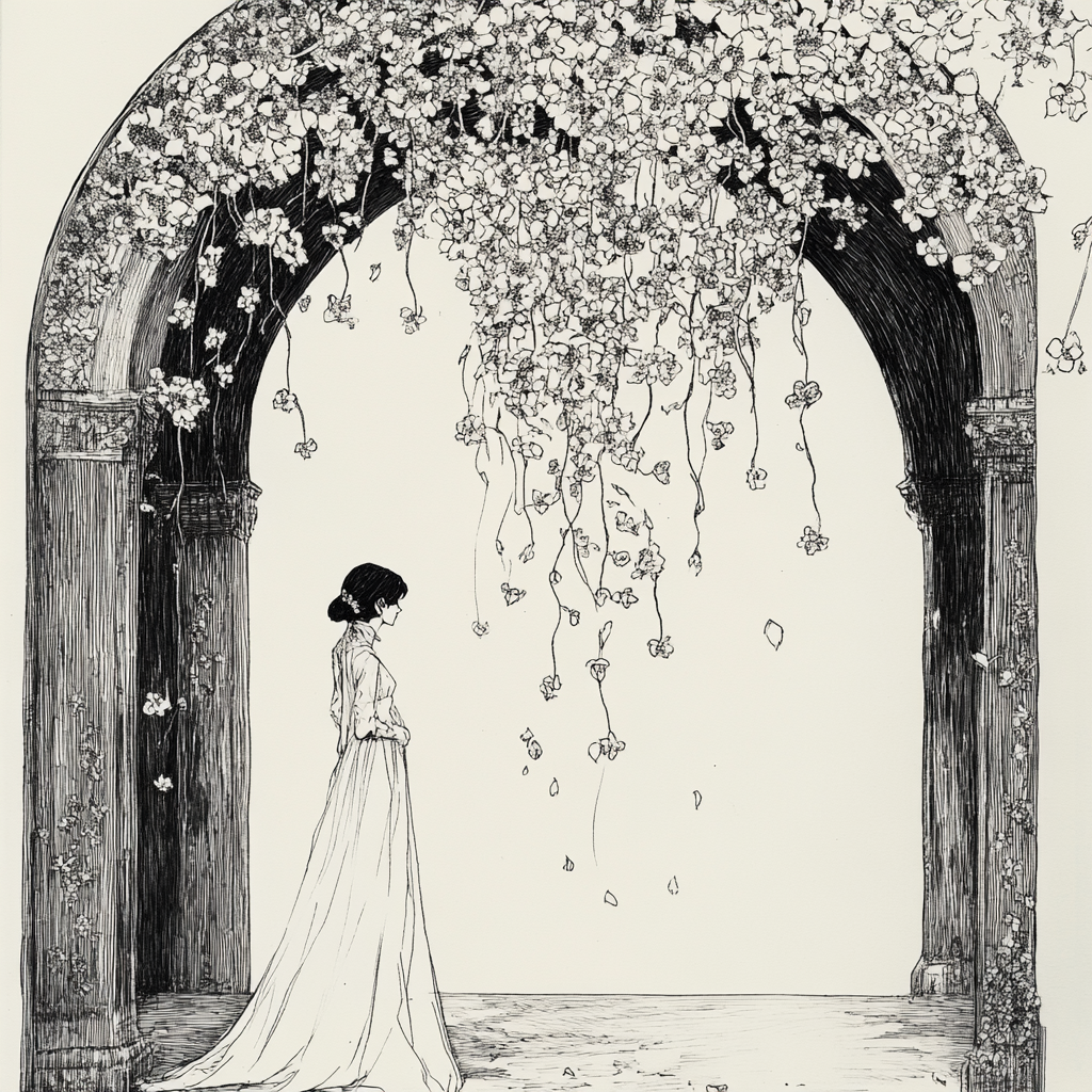 A Serene Figure Under Arch Adorned with Flowers