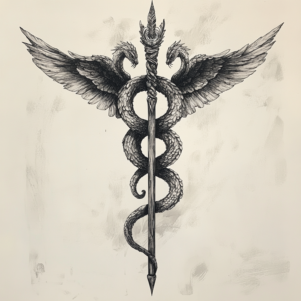 A Serene Ink Drawing of Healing Staff